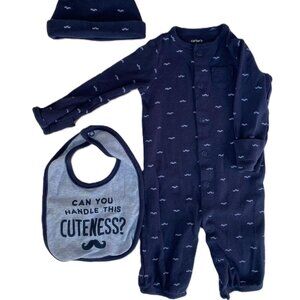 🌟$5 Add On | Carter’s Mustache Jumpsuit Outfit Set 3M Bib Hat Jumpsuit Blue